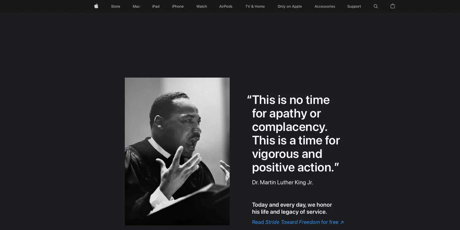 Apple celebrates Martin Luther King Jr. Day on homepage, with quote about Vietnam War
