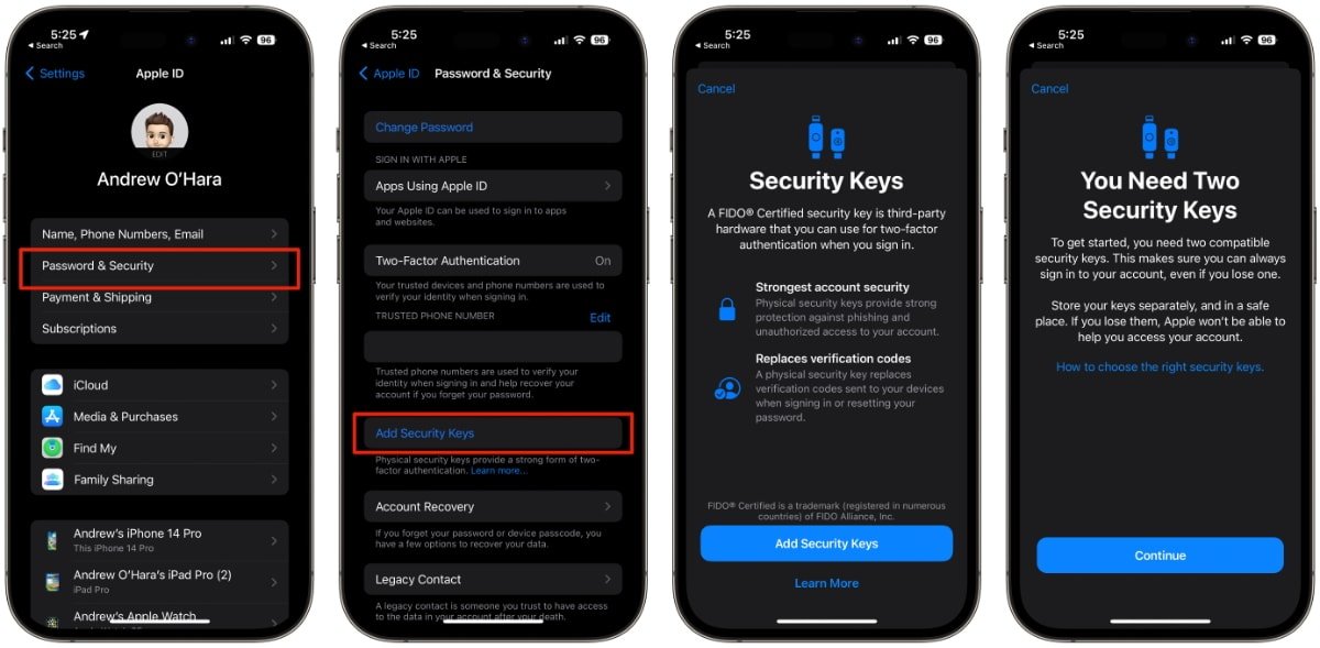 How to add a security key to an Apple ID in iOS 16.3