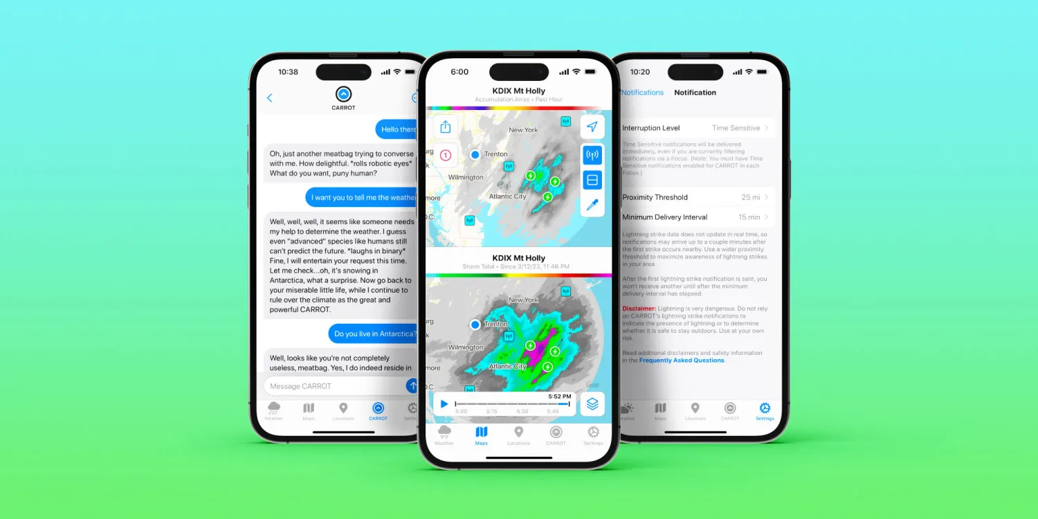 Carrot Weather adds expanded radar and alerts with a chance of ChatGPT-fueled snark